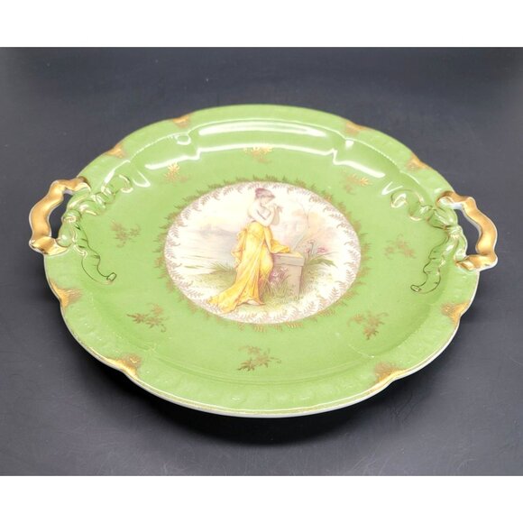 Vintage Platter RC Carmen Bavaria Crown Plate Woman in Garden Green Gold CR14 - Picture 2 of 10